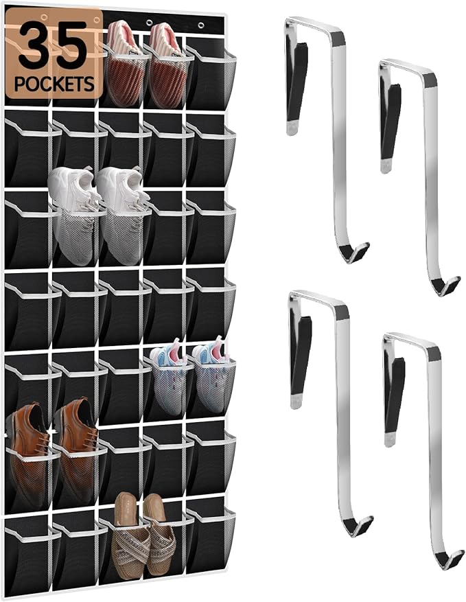 Kotkn 35 Compartment Over The Door Storage - Breathable Mesh Hanging Organizer with Large Pockets, Space Saving Design for Men & Women's Footwear, Closet, Bedroom- Black (Black, 35-Pocket)