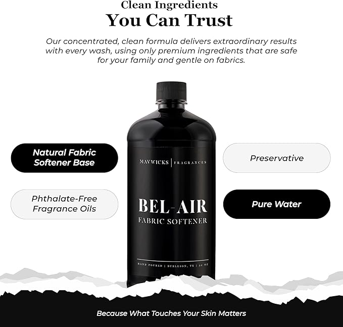 Mavwicks Fragrances - Luxury Scented Liquid Fabric Softener (Bel-Aire) 32 Oz – Crafted with Clean Ingredients – Reduces Static, and Softens Clothes – Safe for All Fabrics and Skin
