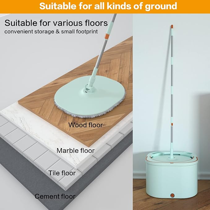 Flat Floor Mop and Bucket System Set with Wringer, Spin Mop and Bucket Separate Clean and Dirty Water with Self Separation for Hardwood, Laminate, Tile, Floor Cleaning, Wet and Dry Use, LightCyan