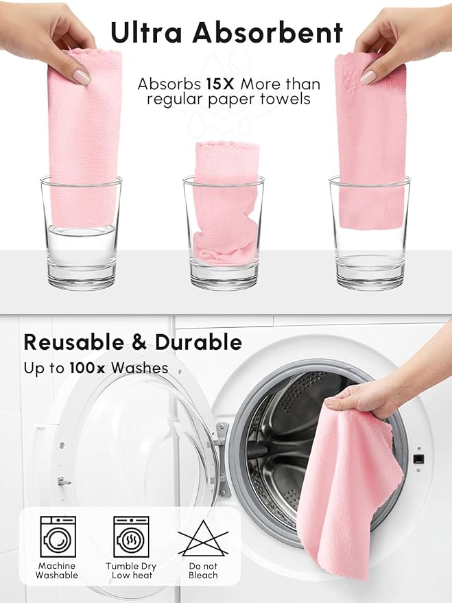 Microfiber Cleaning Cloths Roll, 225 Pack Tear Away Microfiber Towels Roll, 12" x 12" Lint Free Rags, Reusable Cleaning Cloths, Washable, Scratch Free,Ultra Absorbent Dish Rags(Pink)