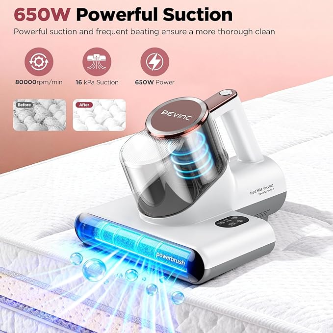 DEVINC Mattress Vacuum Cleaner, 16Kpa 650W Bed Vacuum Cleaner with 245nm UV-C Light& Ultrasonic, 140°F Heat, HEPA Filter, Versatile Handheld Vacuums for Bed, Sofa, Couch, Crib, Beige Corded