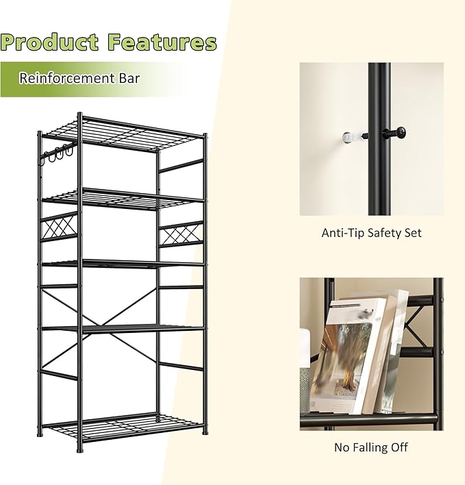 DurayLoly Storage Shelves 5 Tier Capacity,Metaling Shelving with Hooks,Heavy Duty Garage Shelves Unit with Leveling Feet,Wire Shelving for Pantry,Kitchen and Closet,23.6" W x 13.8" D x 72.4" H,500lbs