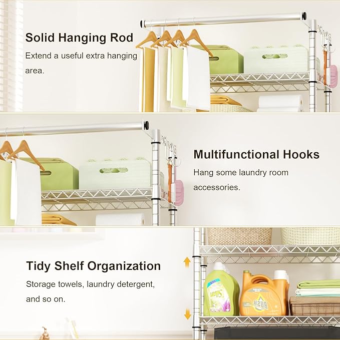 Ulif U11 Medium Over Washer and Dryer Shelves, 3 Tiers Laundry Room Storage and Organizer Standing Shelf, Metal Freestanding Clothes Drying Rack, 31.1" W x 19.7" D x 77.6" H, Chrome