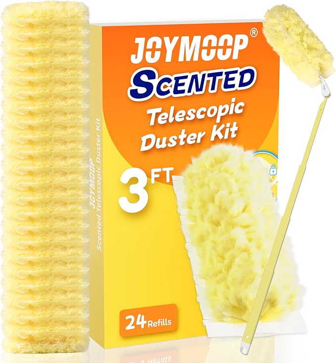 JOYMOOP Scented Telescopic Duster kit, 3FT Extendable Handle (Yellow) + 24 Yellow Refills for Swiffer Feather Duster,Easy Cleaning for Ceilings, Ceiling Fans, Blinds, Vents & Shelves