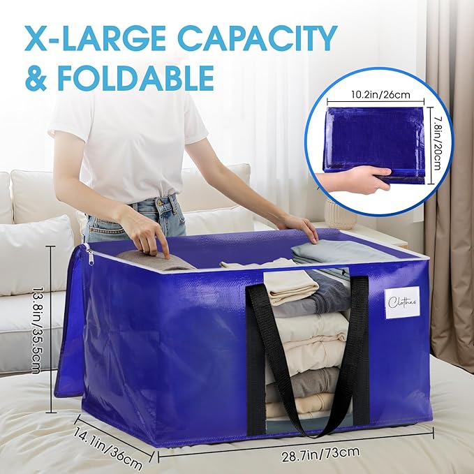 BlissTotes 4 Pack Moving Bags with Clear Window, Storage Bags with Strong Carrying Handles & Zippers,Large Packing Bags for Saving Space, Alternative to Moving Boxes(Blue,24 Gallon)