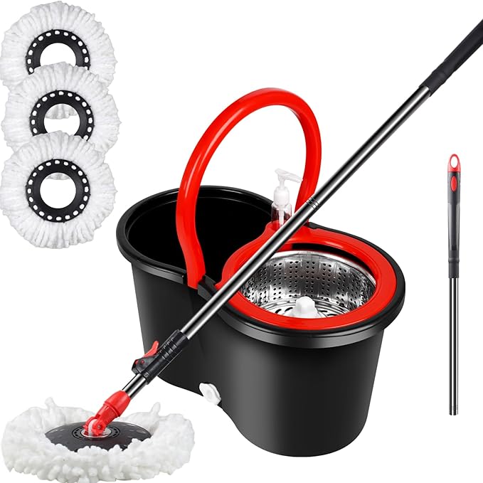Spin Mop and Bucket with Wringer Set, 360° Spinning Mop Bucket System with 3 Microfiber Mop Replacement Heads, Adjustable Handle for Floor Cleaning (Black)