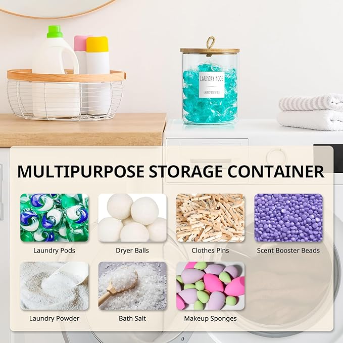 Glass Laundry Pods Container, Half Gallon 2 Liter Laundry Jars with Wood Lids for Laundry Room Organization and Storage, Powder Detergent Holder for Laundry Room Decor and Accessories