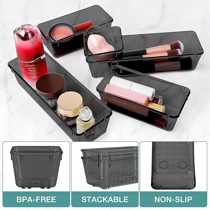StorMiracle 16 PCS Drawer Organizer Set, 5 Varied Size Bathroom and kitchen Drawer cabinet organizer Trays, Clear Storage Bins for Makeup, Jewelry, Utensils and Gadgets, Black