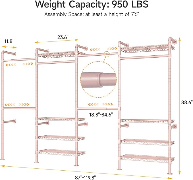 ONBRILL H4 Wall Mounted Closet System, Expandable Industrial Pipe Clothes Rack Clothing Rack for Hanging Clothes, Heavy Duty Closet Organizers and Storage in Wardrobe Closet