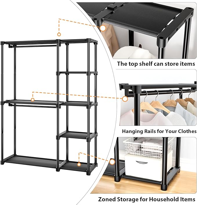 Mavivegue 4-Tier Portable Closet with Shelves & Hanging Rod - Portable Wardrobe Closet for Bedroom, Closet, Dorm - Easy Assembly Clothing Rack with Shelves for Clothes, Shoes, Accessories