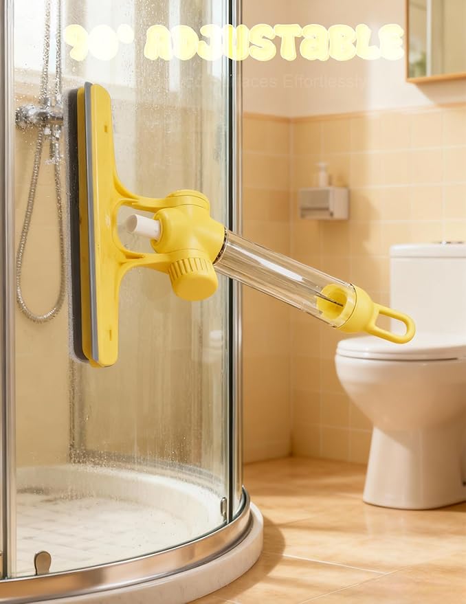 4 in 1 Glass Cleaning Tool with Adjustable Angle Squeegee Spray Bottle and Scrub Brush for Shower Glass Car Windows and Mirrors All in One Window Cleaner Kit