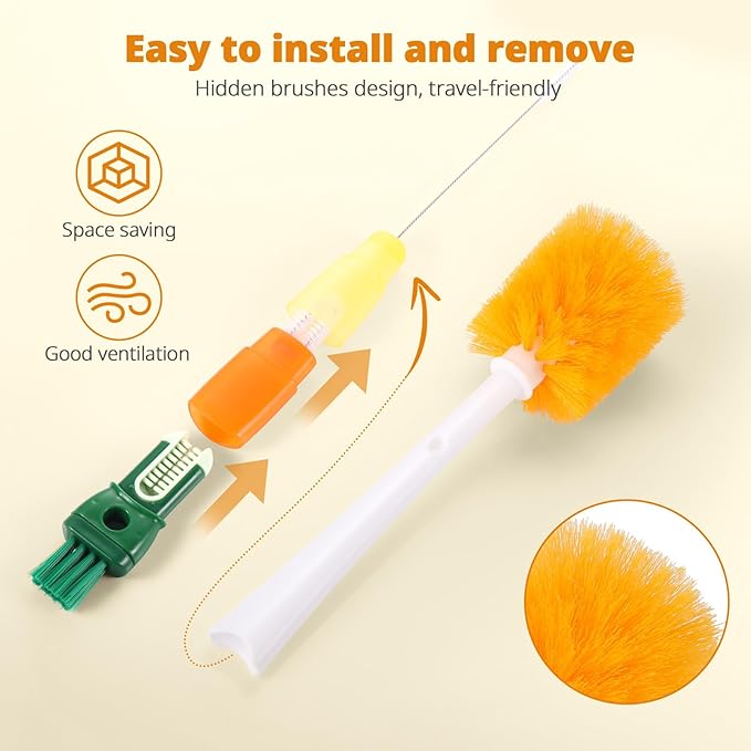 OUTXE 5 Pack Bottle Brush Set, 5-in-1 Water Bottle Cleaner Brush, 15" Long Handle Bottle Cleaning Brush, 3 Straw Brush, Removable Nipple Brush, Detail Brush for Cup Lid Gap, WBBSBLB5