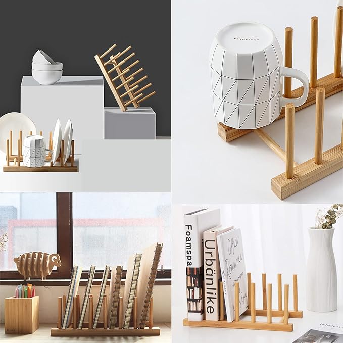 INNERNEED Bamboo Wooden Plate Racks Dish Stand Holder Kitchen Storage Cabinet Organizer for Dish/Plate/Bowl/Cup/Pot Lid/Cutting Board (Pack of 4)