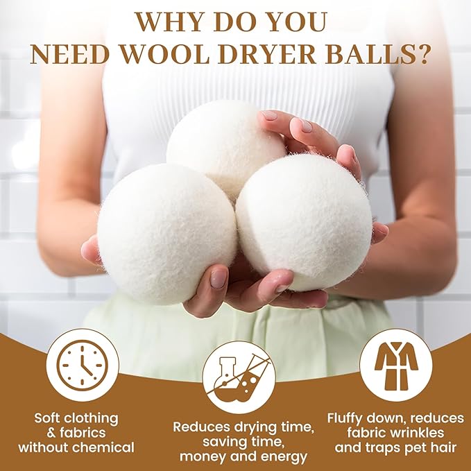 Wool Dryer Balls Handmade 3 Pack XL, Laundry Dryer Lint Balls, Reusable New Zealand Wool Natural Fabric Softener Essentials, Replace Dryer Sheets, Wrinkles Free, Shorten Drying Time