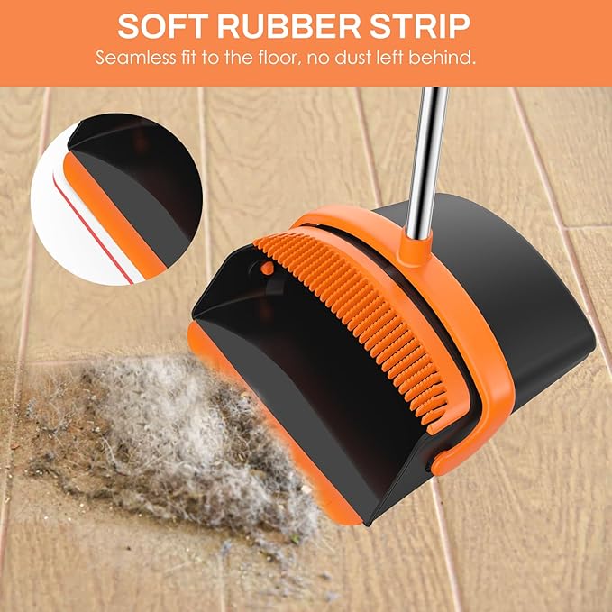 Broom and Dustpan Set for Home, 51-in Long Adjustable Handle Angle Broom and Dustpan Combo Set with Dust Pan Teeth to Clean Hair for Home Kitchen Office Lobby Floor Garden, Black Orange