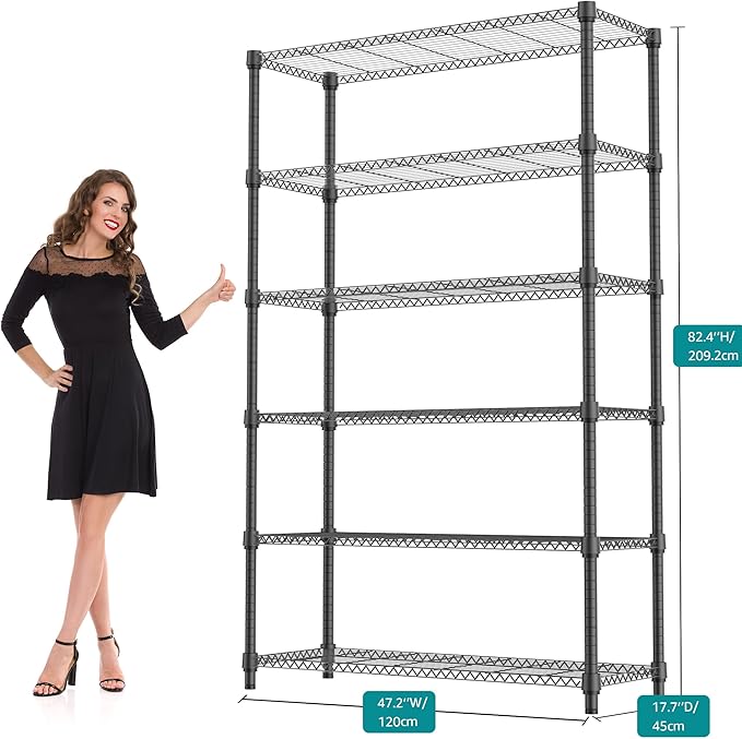 M MZG 2100LBS 47.2" W 6 Tiers Shelf Storage Shelves Metal Shelving Unit Heavy Duty Garage Shelving Adjustable Wire Shelves for Pantry,Kitchen,Garage,Basement,Black 17.7" D x 47.2" W x 82.4" H