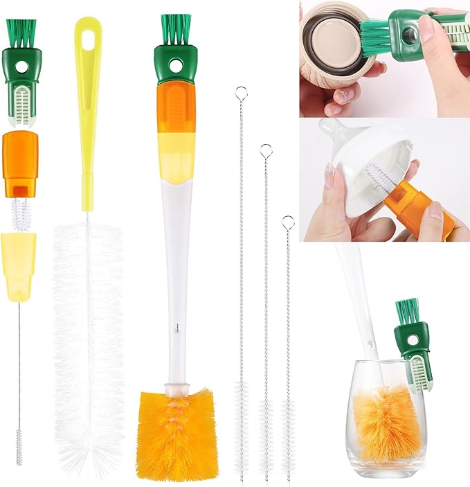 OUTXE 5 Pack Bottle Brush Set, 5-in-1 Water Bottle Cleaner Brush, 15" Long Handle Bottle Cleaning Brush, 3 Straw Brush, Removable Nipple Brush, Detail Brush for Cup Lid Gap, WBBSBLB5