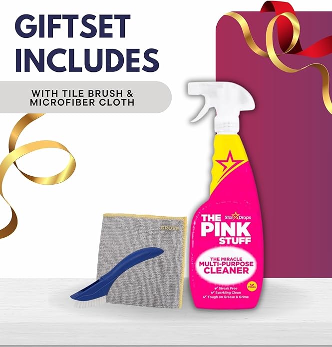 The Pink Stuff Fruity Scent Multi-Purpose Cleaner Spray 25.4 oz Bundle with Microfiber Cloth + Scrub Brush - Natural Cleaner for All Surfaces - Tackles Tough Stains - (3 Items)