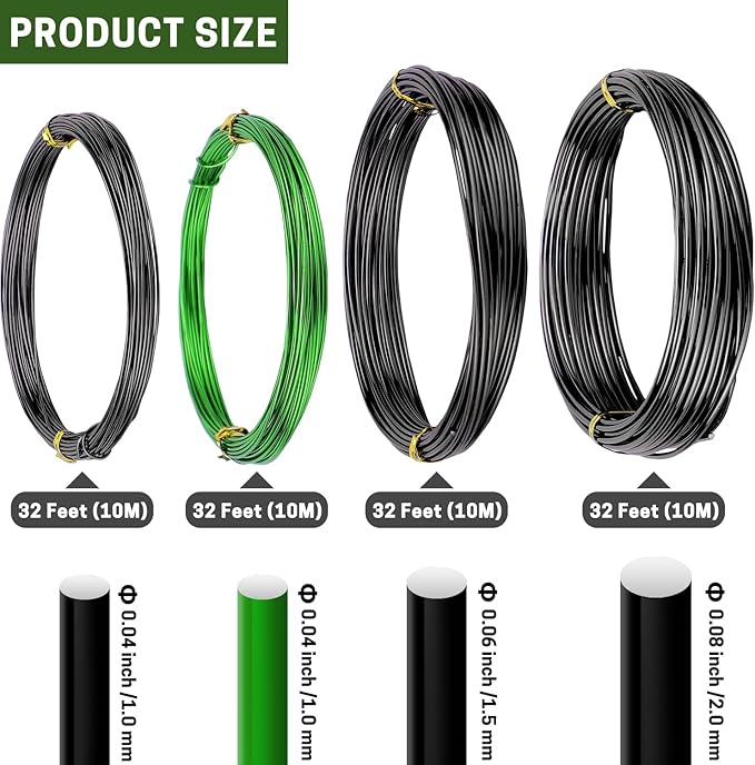 Bonsai Training Wire Set of 4, Total 128 Feet (32 Feet Each Size) 3 Size - 1.0MM, 1.5MM, 2.0MM, Corrosion and Rust Resistant (with Bonsai Wire Cutter)
