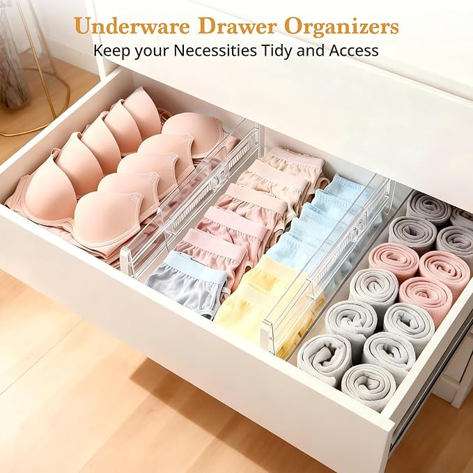4 Pack Drawer Dividers for Clothes, 4" High 10.6"-16.9" Drawer Divider Adjustable Expandable Dresser Drawer Organizer, Clear Dresser Separators for Clothes, Underwear, Baby Clothes,Cosmetic,Toiletries