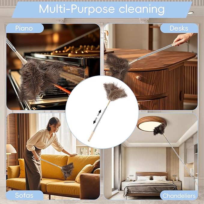 THARAHT Extendable Ostrich Feather Duster up to 27-94 inches Fluffy Feathers Long Handle Reusable for Cleaning Ceiling Fan Pendant lamp High Ceiling Blinds Furniture Feather Duster
