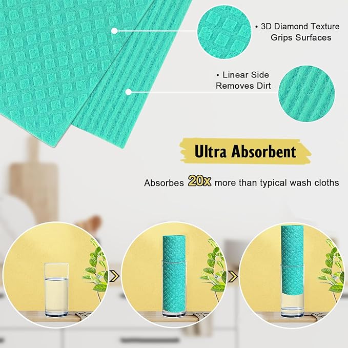 Swedish Dishcloths for Kitchen | 6 Pack Absorbent Cellulose Sponge Cloths Washable | Non-Scratch Reusable Paper Towels Quick Drying Cleaning Cloths - Green