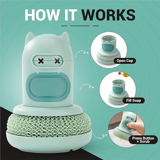Dish Scrubber with Soap Dispenser, 2 Replaceable Sponges Included, Refillable Push-Button Handheld Sponge Scrubber, Palm Grip Kitchen Sink Cleaner for Dishes, Pots, Pans & Nonstick