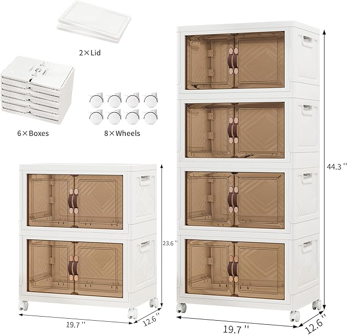 Storage Bins with 2 Lids and Wheels, 270QT-45QT*6Tier Collapsible Bathroom Storage Cabinet with Clear Doors, Plastic Stackable Closet Organizers and Containers White