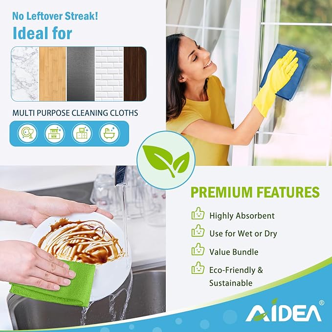 AIDEA Microfiber Cleaning Cloth, 5PK, Soft Absorbent Rags, Microfiber Towels for Cars, Kitchen Towels, Dusting Cloth for Home, Window, Cleaning Supplies, 12"×12"