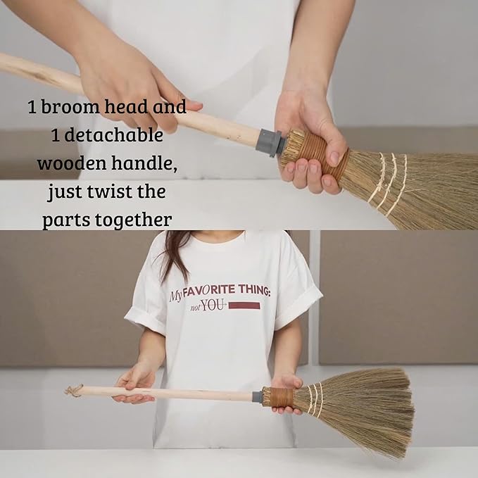 Natural Whisk Sweeping Hand Handle Broom - Vietnamese Straw Soft Broom for Cleaning Dustpan Indoor - Outdoor - Decorative Brooms - Wooden Handle - 9.84'' Width, 27.55" Length