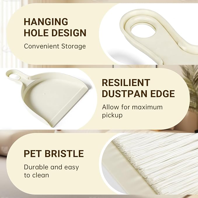 THINKLEARN 2PCS Mini Broom and Dustpan Set, Small Dustpan and Brush, Compact Hand Broom Dust Pan Set for Cleaning, Beige