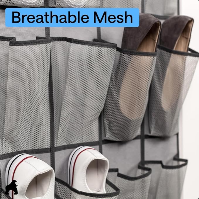 GORILLA GRIP Over the Door Shoe Organizer, 24 Extra Large Breathable Mesh Pockets, Space Saving Hanging Storage Holder, 4 Hook Closet Rack Hanger, Hangs on Closets for Shoes and Accessories, Grey