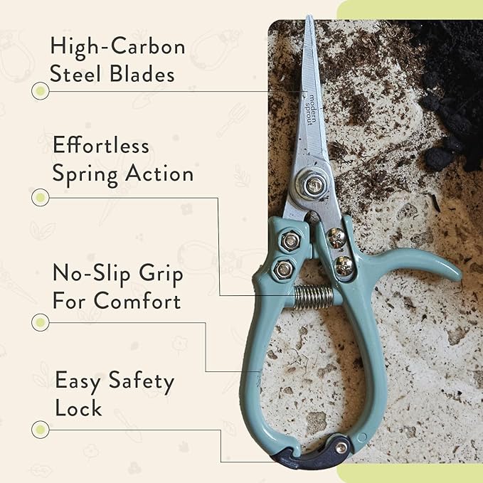 Modern Sprout Hand Pruners & Shears Set with Blister Pack - Lightweight Gardening Tools with Easy Lock - Sharp Carbon Steel Blades -Rust Resistant Scissors for Herbs, Flowers - Chartreuse