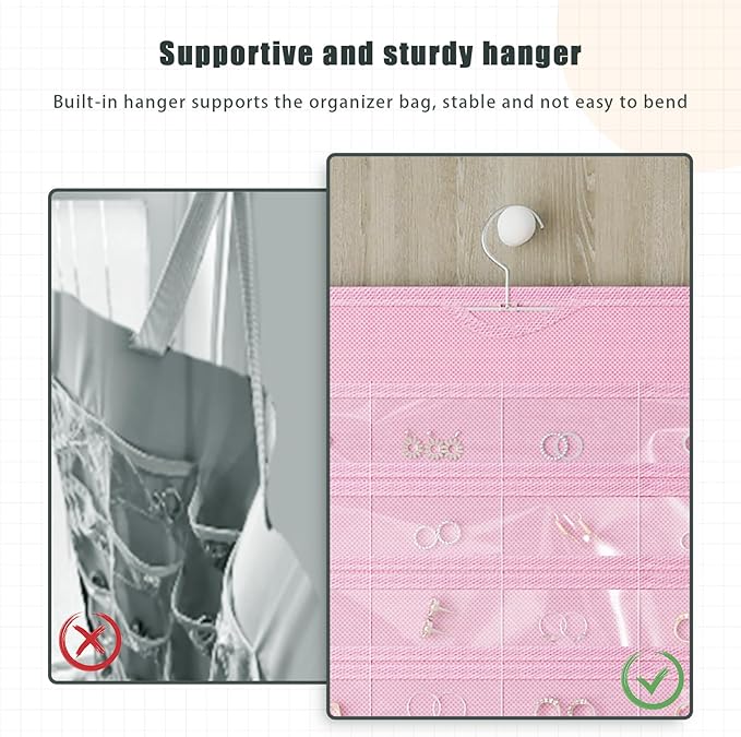 1 Pack Hanging Jewelry Organizer 80-Pocket Dual-sided Jewelry Storage for Earring Necklace Bracelet Ring Travel Holder, Pink