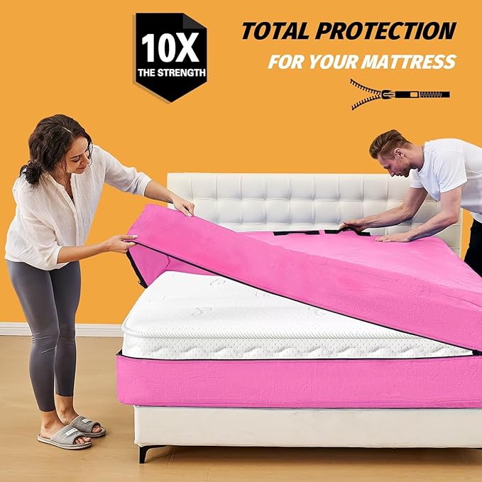 Mattress Bags for Moving, BETU Mattress Protector Waterproof Mattress Cover Full Size Storage Bags with 8 Heavy-Duty Handles and Zipper for Bed Extra Thick Large Reusable (77"x57"x15" Pink)