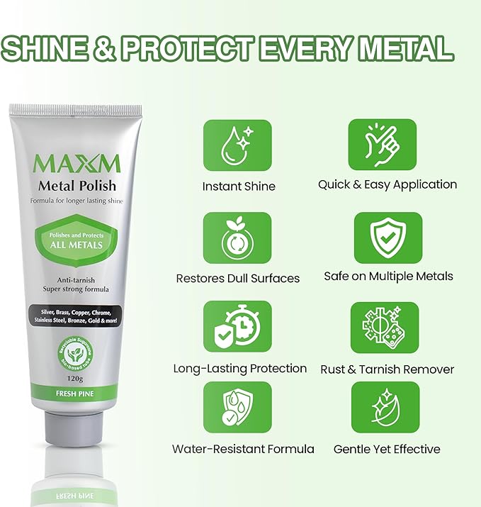 maxm Metal Polish Paste for Stainless Steel Polish, Chrome Polish & Aluminum Polish – Rust Remover for Metal, Stainless Steel Scratch Remover, Polishing Compound Non-Toxic, Fresh Pine Scent, 4.2 oz