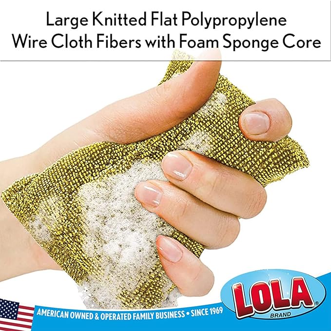 LOLA Wonder Non-Scratch Scouring Pad, 4 Pack, Large Knitted Flat Wire Cloth Fibers w/Foam Sponge Core, Assorted Colors (Gold or Silver)