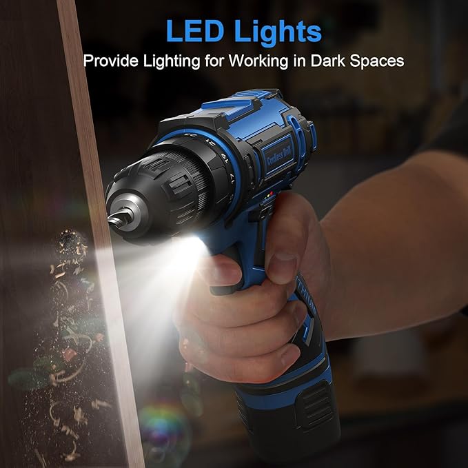 Cordless Drill Set,12V Power Drill Driver 3/8" Keyless Chuck with 92 Acessories, Built-in LED Light, 25+1 Position, Electric Drill for Home DIY Projects（Blue）