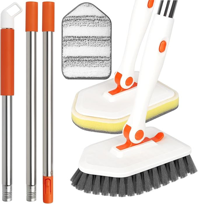 Long Handled Scrub Brush for Shower，3-in-1 Cleaning Brushes with 3 Different Function Cleaning Heads Brush for Shower Cleaning Bathroom Kitchen Walls Tub Tile