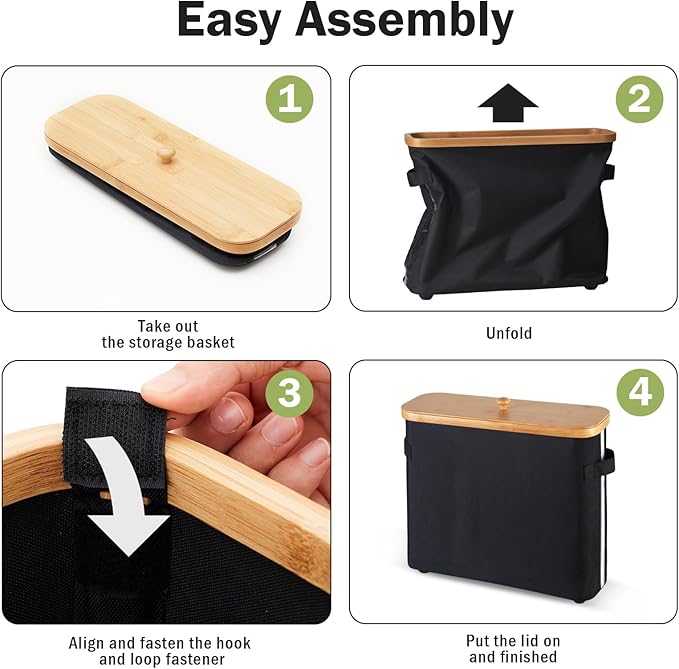 Bathroom Toilet Paper Storage Basket with Lid and Handle， Bamboo Collapsible Toilet Paper Holder Storage with Non-Slip Bottom ,Extra Toilet Roll Storage, Black