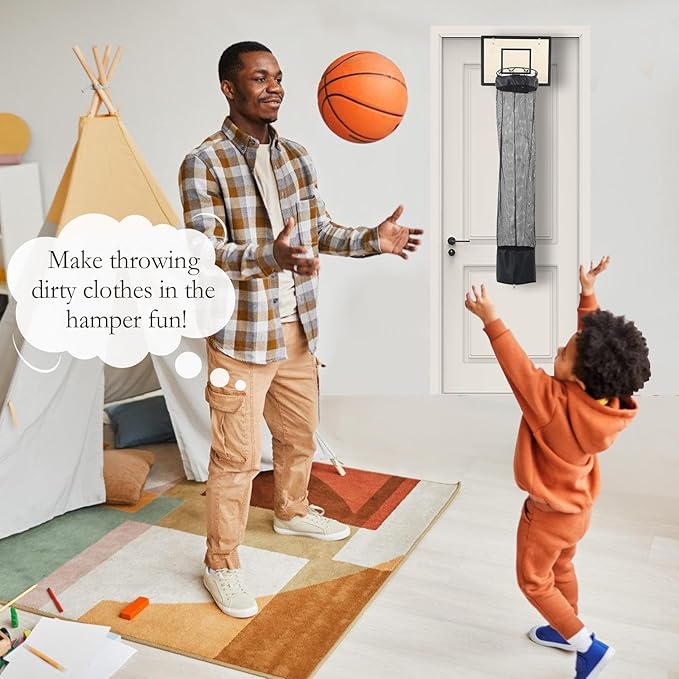 Wooden Basketball Laundry Hamper，Over the Door Basketball Hoop Laundry Basket with Zipper for Kids Room,Dorm Rooms,Bathroom,Saving Space Storage and Organization - White (White)