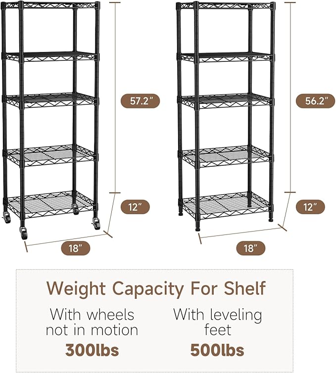 Golpart Small 5 Tier Shelves Storage Wire Shelving Unit Metal Shelf Adjustable Organizers Storage Shelving with Wheels for Bathroom Laundry Room Kitchen Pantry12”D x 18”W x 57.2”H Black