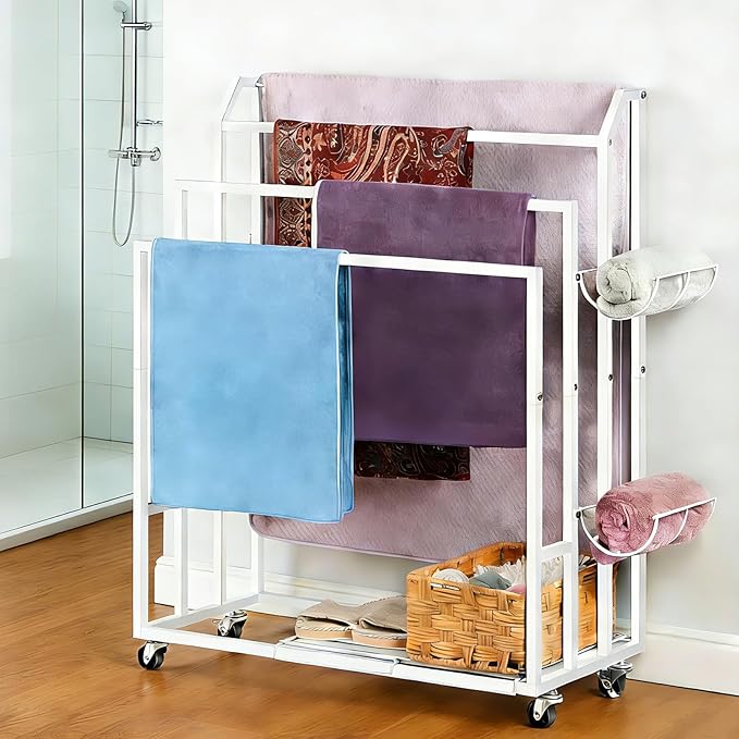 Freestanding Towel Rack for Bathroom Rolling Towel Storage Cart On Wheels Blanket Ladder with Shelf & 6 Hooks, Outddoor Poolside Towel Holder Stand, White