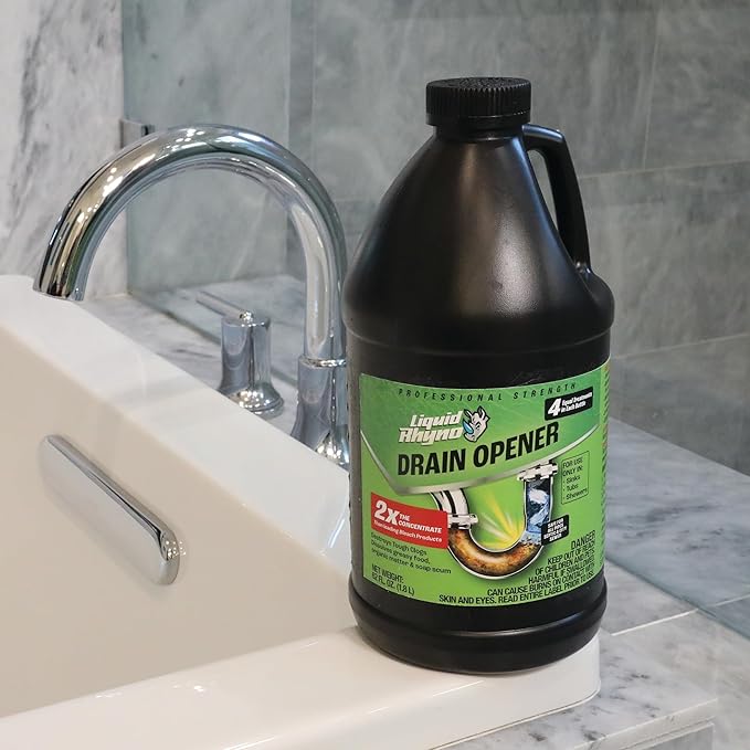 Liquid Rhyno 62 oz. Drain Opener, 2X Concentrate Hair Clog Remover for Sink, Bathtub or Shower Drains, Fast Acting Pro Strength Clears Slow-Flowing Drains, Safe for all Drain Pipes, 4 Treatments