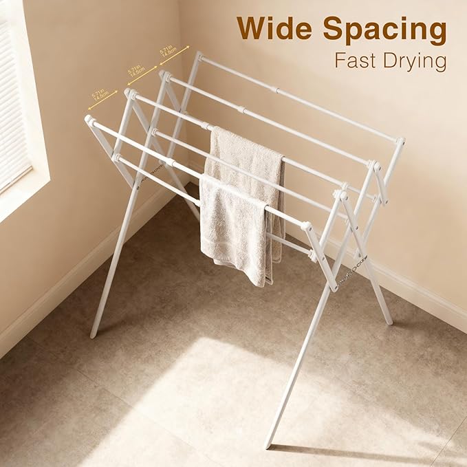 Collapsible Expandable Metal Clothes Drying Rack, Foldable & Portable Laundry Drying Rack, Space-Saving Design, Indoor & Outdoor Drying, Ideal for Laundry Room 16lb Capacity, Frosted White