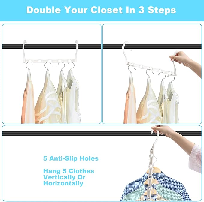 DUCOO Space Saving Hangers 10 Pack, Heavy Duty Magic Cascading Hanger Organizer with 5 Enclosed Anti-Slip Holes, Closet Organizers and Storage for Clothes, College Dorm Room Essentials, White