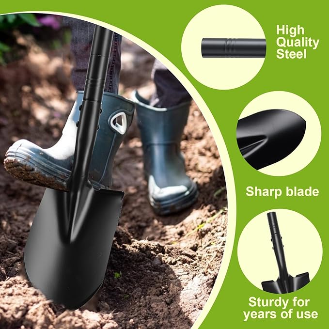 Small Shovel 43.3Inch Durable Metal Shovel for Digging Small Spade Shovel Garden Shovel for Gardening Digging Camping Farming and Outdoors, Black