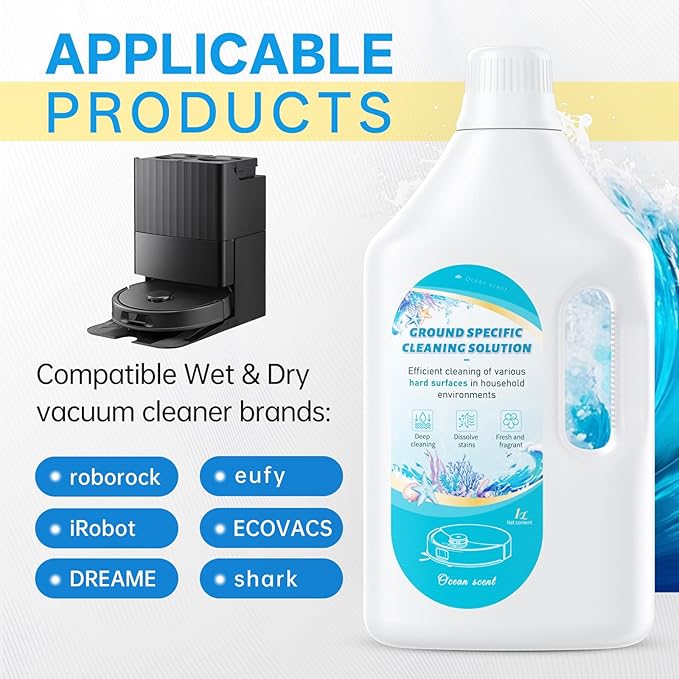 1L Fresh Ocean Floor Cleaning Solution Compatible with Roborock/Eufy/iRobot/Ecovacs/Dreame/Shark, Fragrance Deodorization, Deep Cleans for Multiple Hard Floors, Suitable With All Robot Vacuum