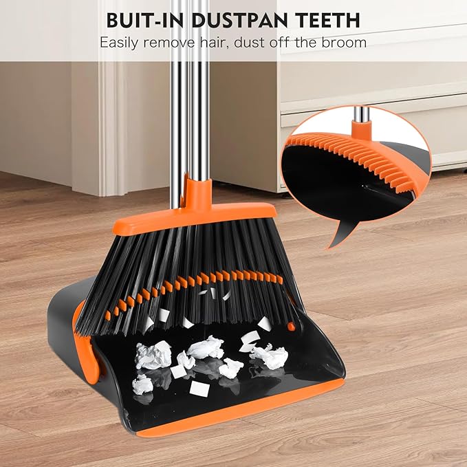 Broom and Dustpan Set, 55-in Long Adjustable Handle Broom with Dustpan Combo Set with Dustpans Teeth to Automatically Clean Hair Suitable for Home Kitchen Office Hall Lobby, Large(Black&Orange)