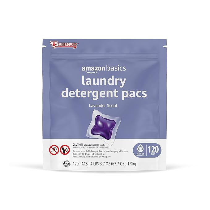 Amazon Basics Laundry Detergent Pacs, Lavender Scent, HE Compatible, Easy to Use Pre-Measured Pods, Clean Clothes, 120 Count (New Packaging)